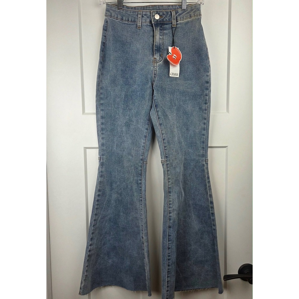 NWT Cider Womens High Waisted‎ Flare Jeans Blue Raw Hem Size XS